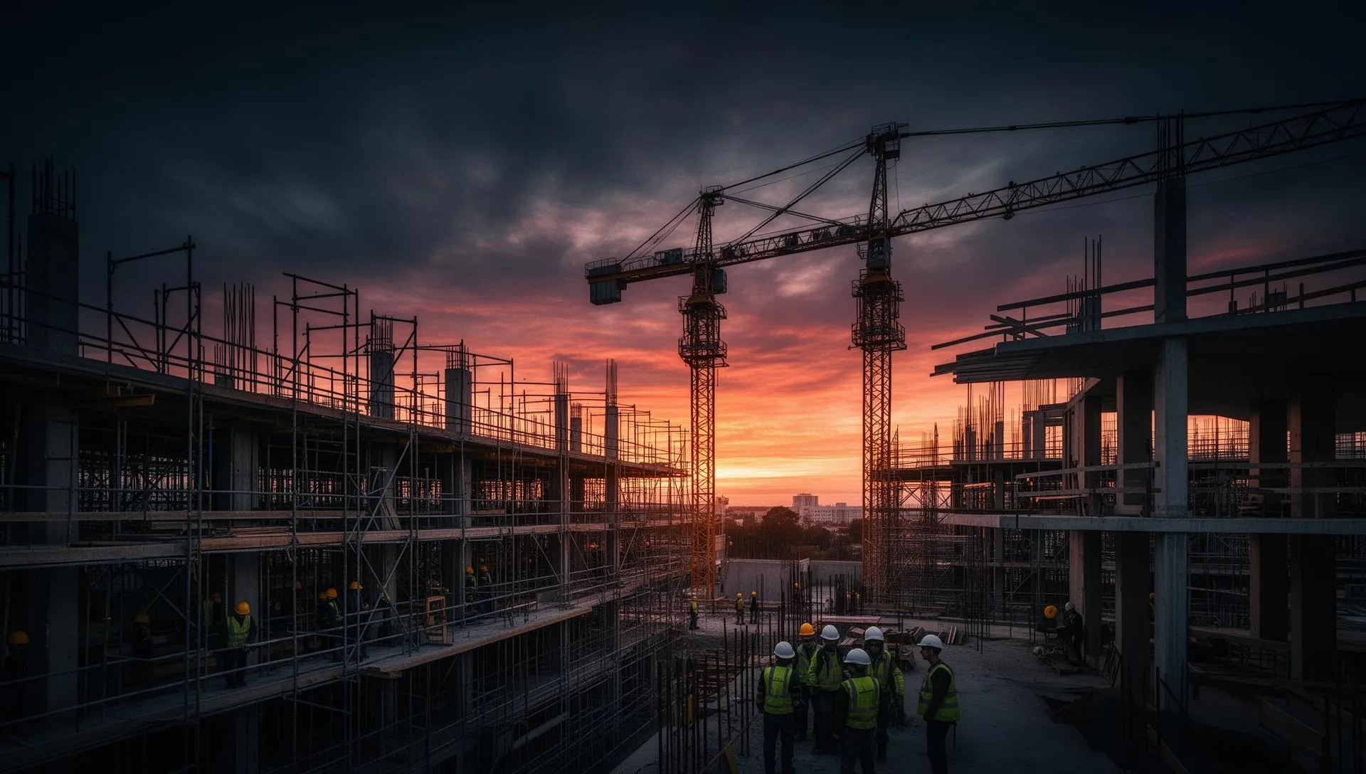 Chantier de construction BTP avec grues et échafaudages