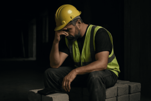 Artisan seul sur un chantier vide, symbole de la crise du bâtiment en 2025