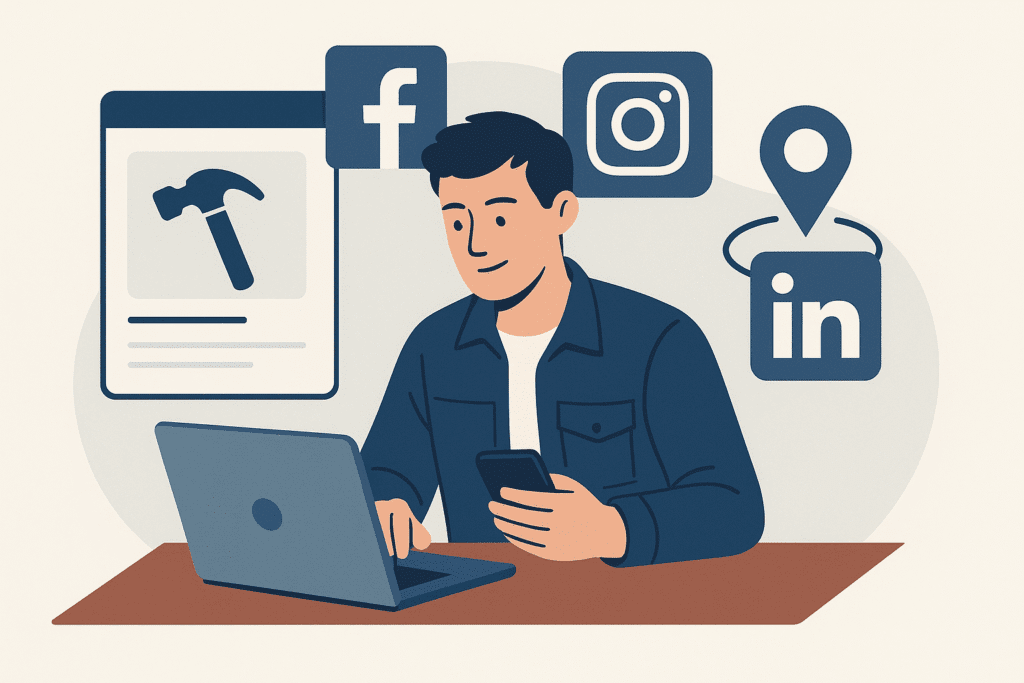 Illustration d’un artisan du bâtiment utilisant un ordinateur et un smartphone, avec les icônes de Facebook, Instagram et LinkedIn en arrière-plan