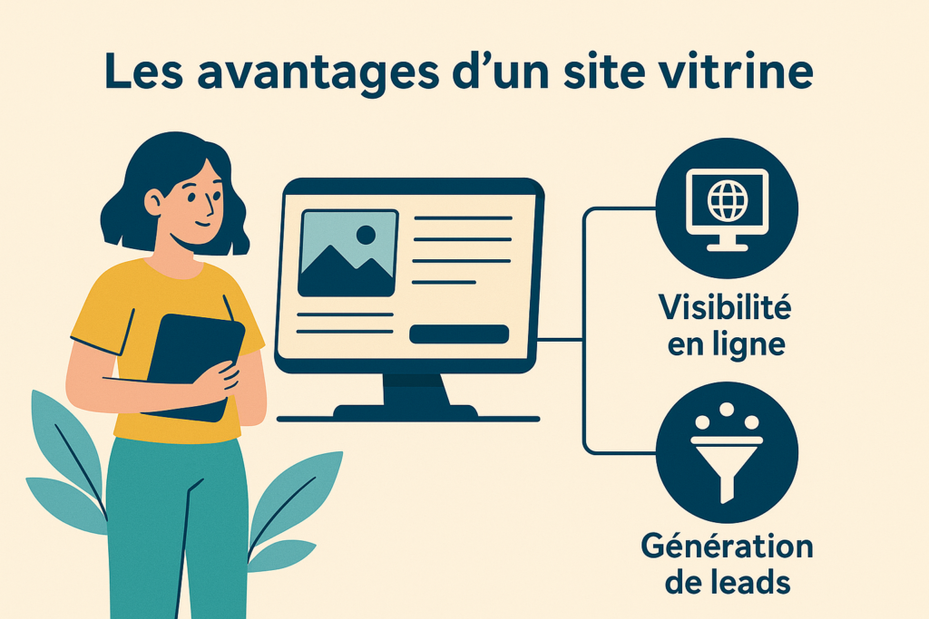 Illustration d’une artisane devant un site internet, avec les avantages mis en avant : visibilité en ligne et génération de leads
