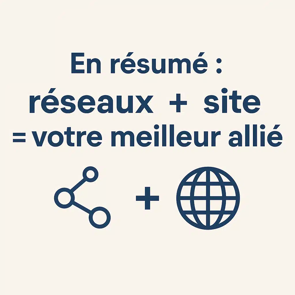 Illustration avec le texte "En résumé : réseaux + site = votre meilleur allié", accompagnée d’une icône de partage et d’un globe représentant un site internet.