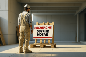 Artisan du bâtiment regardant une pancarte affichant RECHERCHE OUVRIER MOTIVÉ sur un chantier moderne