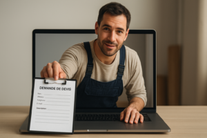Un artisan en tenue de travail émerge d’un écran d’ordinateur, tenant un formulaire de devis à la main – symbolise la présence en ligne des artisans