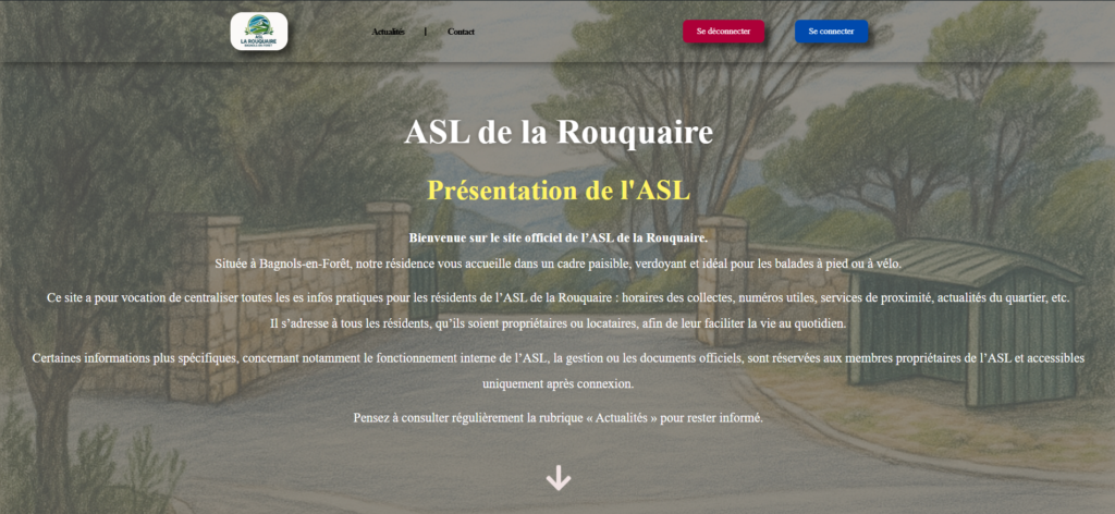 Capture d’écran de la page d’accueil du site officiel de l’ASL de la Rouquaire, avec un fond illustré et un texte de présentation centré.