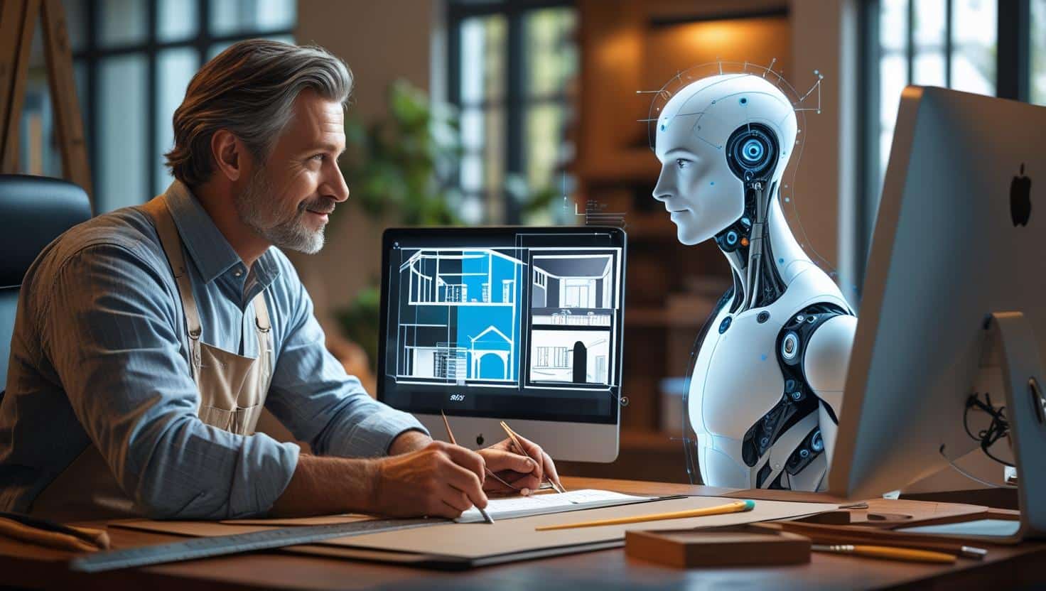 Un artisan peintre en discussion avec un agent IA humanoïde dans son bureau. L’écran affiche des plans techniques de chantier. L’agent IA assiste l’artisan dans la préparation de ses devis ou la planification de son travail, dans une ambiance sereine et professionnelle. Transformation digitale